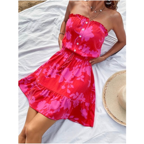 Boho Floral Print Button Detail Ruffle Mini Dress - Picture 2 of 9